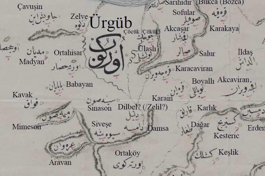 Osmanlı dönemine ait bir haritada Damsa; Ürgüp’ün güneyinde, Sinason ve Ortaköy arasında.